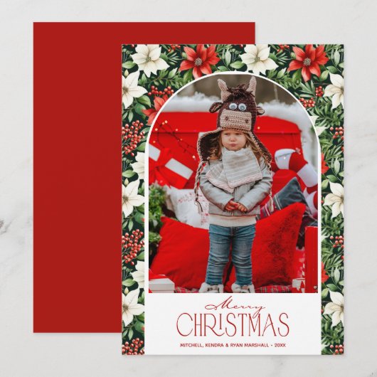 Merry Christmas Floral Photo Feestdagenkaart (Voorkant / Achterkant)