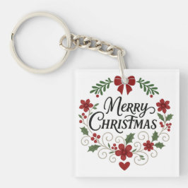 Merry Christmas Floral Wreath Keychain