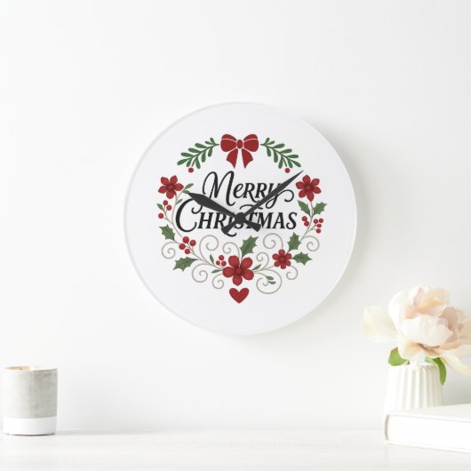 Merry Christmas Floral Wreath Wall Clock Grote Klok (Huis)
