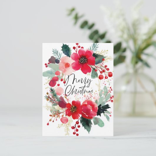 Merry Christmas Flower Wreath Holiday Feestdagenkaart (Staand voorkant)