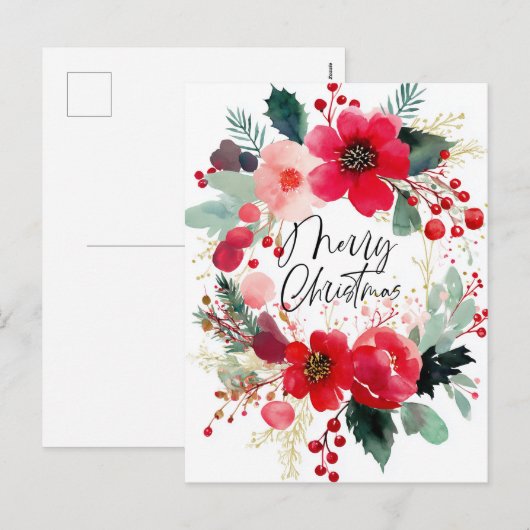 Merry Christmas Flower Wreath Holiday Feestdagenkaart (Voorkant / Achterkant)