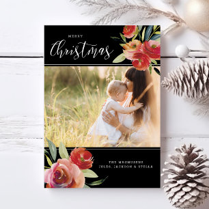 Merry Christmas Foto's Rode Waterverf Bloemen Zwar Feestdagenkaart