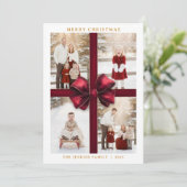 Merry Christmas Four Photo Card with Red Ribbon Kaart (Staand voorkant)