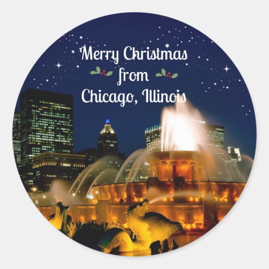 Merry Christmas from Chicago, Illinois Ronde Sticker (Voorkant)