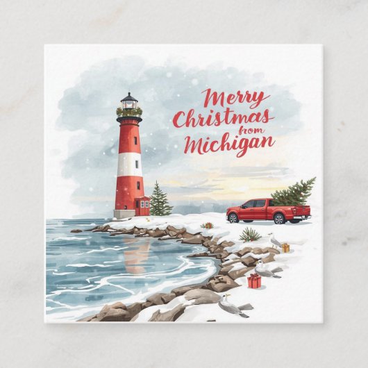 Merry Christmas from Michigan – Coastal Lighthouse Vierkante Visitekaartje (Voorkant)