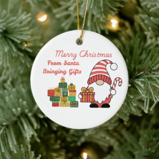Merry Christmas From Santa Bringing Gifts on a  Keramisch Ornament