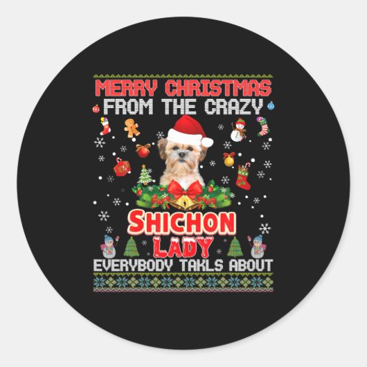 Merry Christmas From The Shichon Dog Lady Everybod Ronde Sticker (Voorkant)