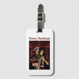 Merry Christmas. Funny skeleton with woman Bagagelabel