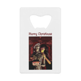 Merry Christmas. Funny skeleton with woman Creditkaart Flessenopener