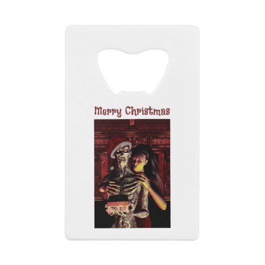 Merry Christmas. Funny skeleton with woman Creditkaart Flessenopener (Voorkant)