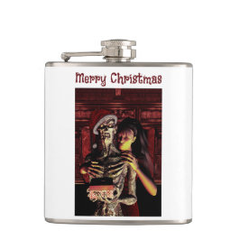 Merry Christmas. Funny skeleton with woman Heupfles