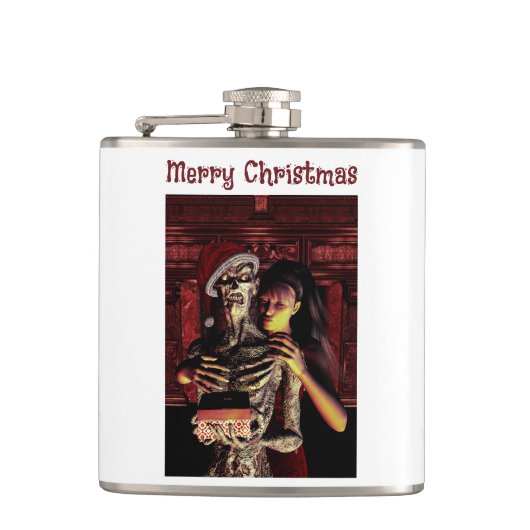 Merry Christmas. Funny skeleton with woman Heupfles (Voorkant)