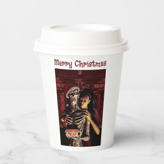 Merry Christmas. Funny skeleton with woman Papieren Bekers (Voorkant)