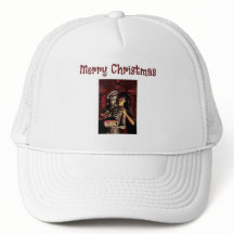 Merry Christmas. Funny skeleton with woman