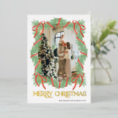 Merry Christmas Garland Lijst Bow Foto Goud Folie Uitnodiging (Staand Voorkant)