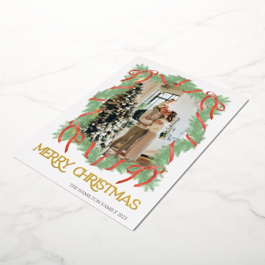Merry Christmas Garland Lijst Bow Foto Goud Folie Uitnodiging (Gedraaid)