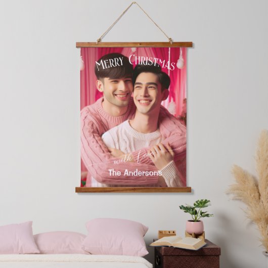 Merry Christmas Gay Retro Roze | Aangepaste foto Hangend Wandkleed (Slaapkamer)