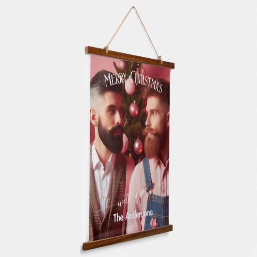 Merry Christmas Gay Retro Roze | Aangepaste foto Hangend Wandkleed (Gebogen)