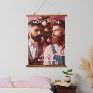 Merry Christmas Gay Retro Roze Aangepaste foto Hangend Wandkleed