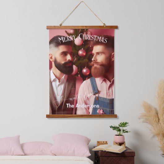 Merry Christmas Gay Retro Roze | Aangepaste foto Hangend Wandkleed (Slaapkamer)