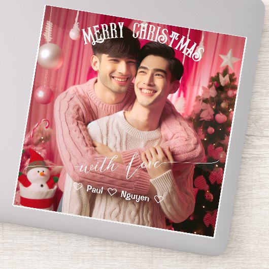 Merry Christmas Gay Retro Roze | Aangepaste foto Sticker (Detail)