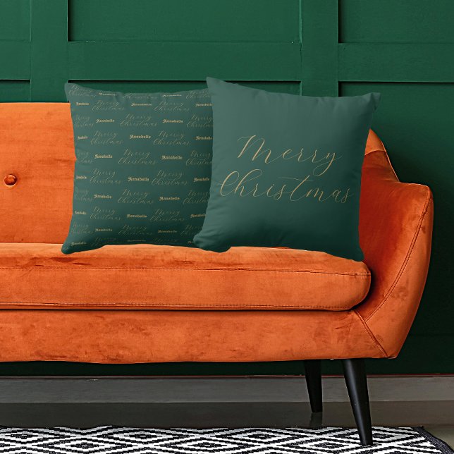 Merry Christmas Gepersonaliseerde naam Groen Kussen (Front And Back)