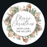 Merry Christmas Gift Label Rustieke Neutrale Stick<br><div class="desc">Vrolijke Kerst Ronde Gift Sticker Labels met groen en neutrale huizen en cadeau graphics. Dit rustieke kerstcadeau label is de perfecte finishing touch om dit jaar toe te voegen aan uw kerstcadeaus.</div>