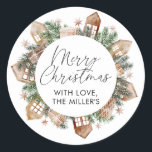 Merry Christmas Gift Label Rustieke Neutrale Stick<br><div class="desc">Vrolijke Kerst Ronde Gift Sticker Labels met groen en neutrale huizen en cadeau graphics. Dit rustieke kerstcadeau label is de perfecte finishing touch om dit jaar toe te voegen aan uw kerstcadeaus.</div>