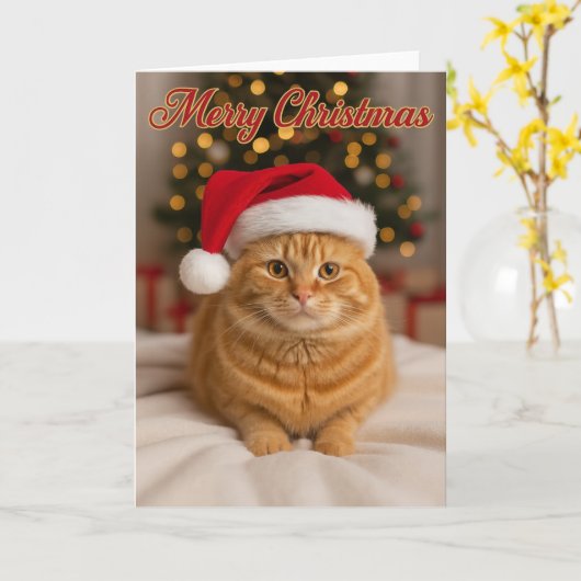 Merry Christmas – Ginger Cat by the Tree   Kaart (Gele Bloem)