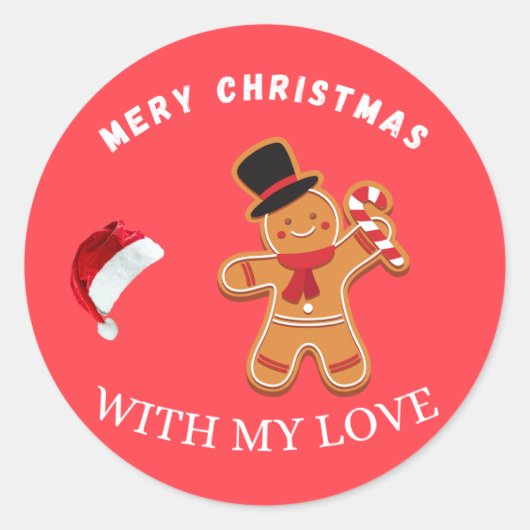 Merry Christmas Gingerbread Man with Santa Hat Vec Ronde Sticker (Voorkant)