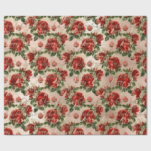 Merry Christmas Glitter Script Roos Gold Baubles Cadeaupapier (Vlak)