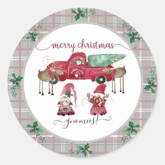 Merry Christmas Gnome Tree Boerderij Waterverf Roo Ronde Sticker (Voorkant)