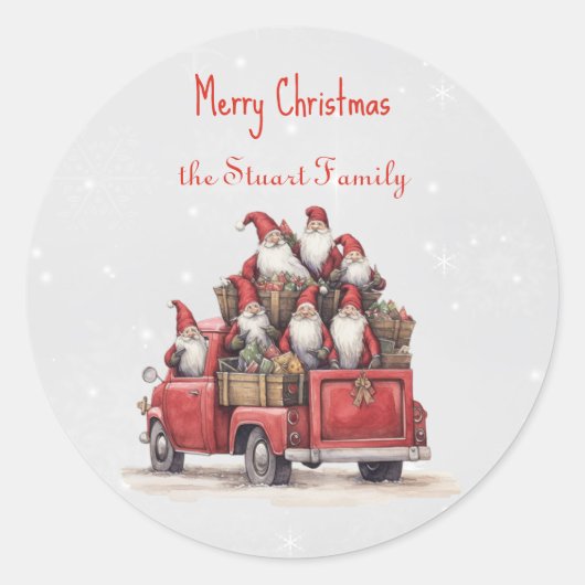 Merry Christmas Gnomes Rode Truck Custom Ronde Sticker (Voorkant)