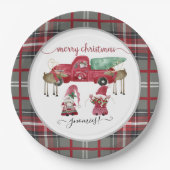 Merry Christmas Gnomies Gnome Red Plaid Waterverf Papieren Bordje (Voorkant)