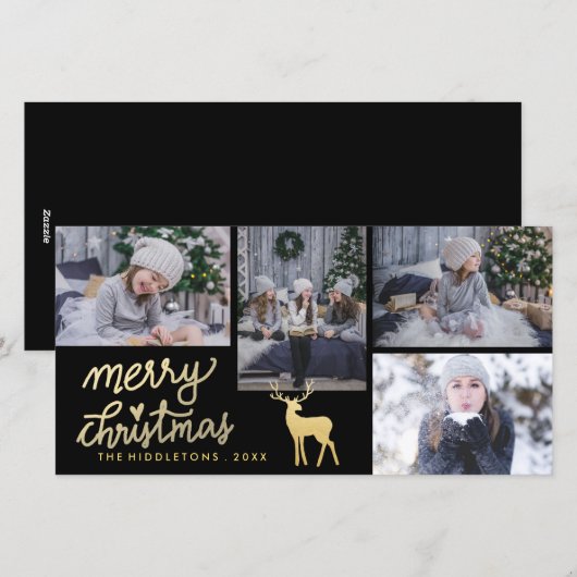 Merry Christmas Gold | Antler | Holiday-Script Feestdagenkaart (Voorkant / Achterkant)