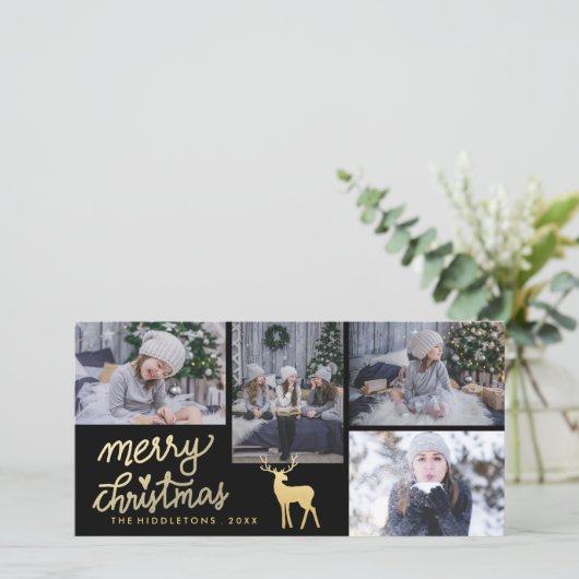 Merry Christmas Gold | Antler | Holiday-Script Feestdagenkaart (Staand voorkant)