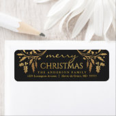 Merry Christmas Gold & Black Holly Retouradres Etiket (Insitu)