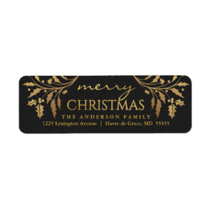 Merry Christmas Gold & Black Holly Retouradres Etiket