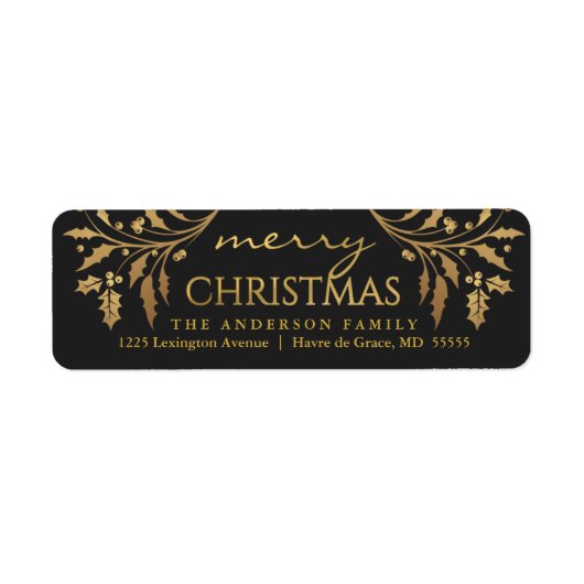 Merry Christmas Gold & Black Holly Retouradres Etiket (Voorkant)