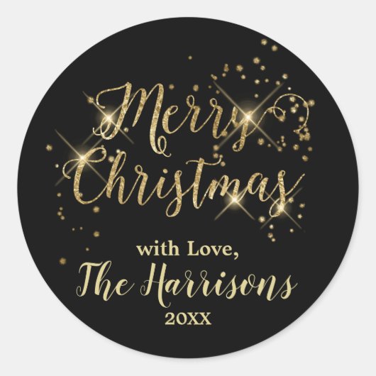Merry Christmas Gold Black Sparkles Ronde Sticker (Voorkant)