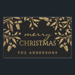 Merry Christmas Gold Faux Folie Holly Branches Rechthoekige Sticker<br><div class="desc">Elegante kerst vakantie stickers kunt u personaliseren met jouw naam of aangepaste bericht. Stijlvolle holly takken en bessen in prachtig faux goud metallic effect op zwarte achtergrond. Voeg gewoon jouw naam of gepersonaliseerde begroeting toe voor gebruik als geschenk labels. Trendy moderne gemengde typografie is perfect voor hippe trendy jonge volwassenen...</div>