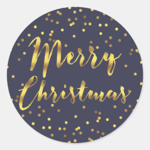 Merry Christmas Gold Foil Confetti Midnight Blue Ronde Sticker