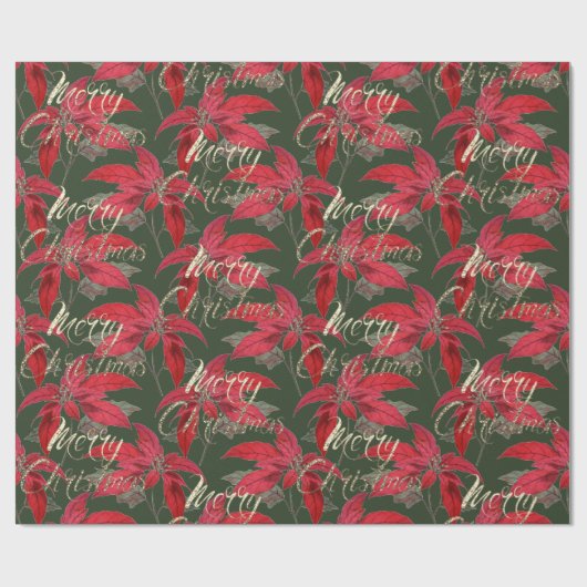 Merry Christmas Gold Glitter Script Floral Green Cadeaupapier (Vlak)