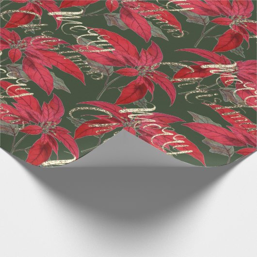 Merry Christmas Gold Glitter Script Floral Green Cadeaupapier (Hoek)