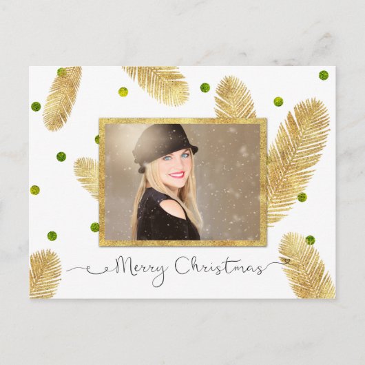 Merry Christmas Gold Glitter Script Foto Briefkaar Feestdagenkaart (Voorkant)