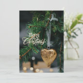 Merry Christmas Gold Heart Tree Ornament Feestdagenkaart (Staand voorkant)