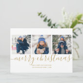 Merry Christmas Gold Script 3 Foto Vakantie Kaart (Staand voorkant)