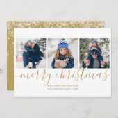 Merry Christmas Gold Script 3 Foto Vakantie Kaart (Voorkant / Achterkant)