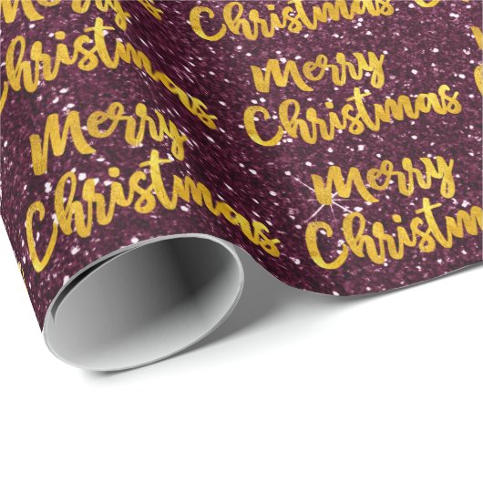Merry Christmas Gold Script Bourgondië Maroon Glit Cadeaupapier (Rol Hoek)