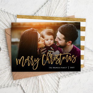 Merry Christmas Gold Script Photo Overlay Feestdagenkaart